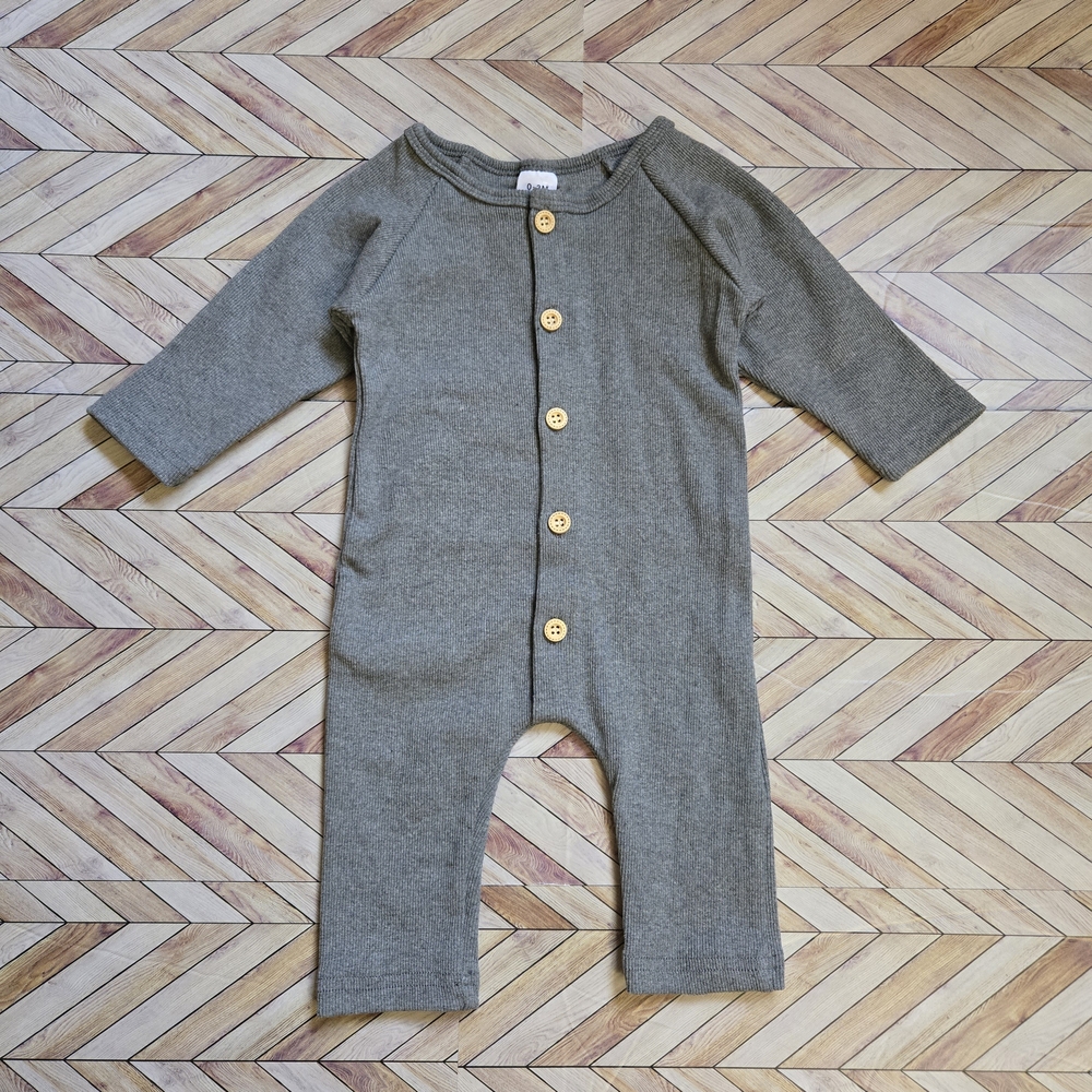 Boho Minimalist Ribbed Romper Gray Long Sleeve Button Neutral Jumpsuit 6-9M